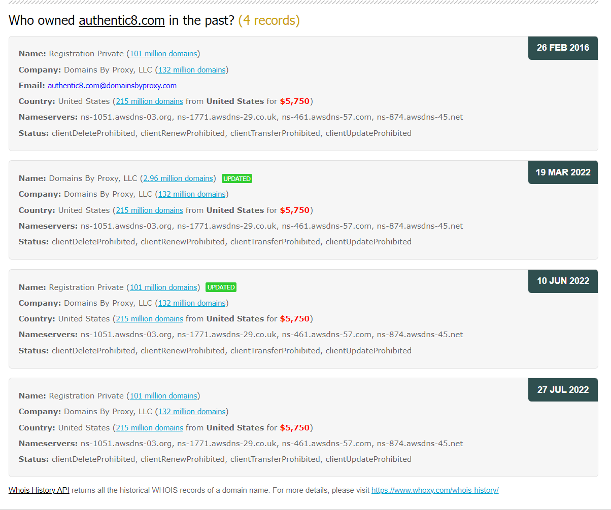 Figure 1 - Using whoxy.com to reveal domain name history