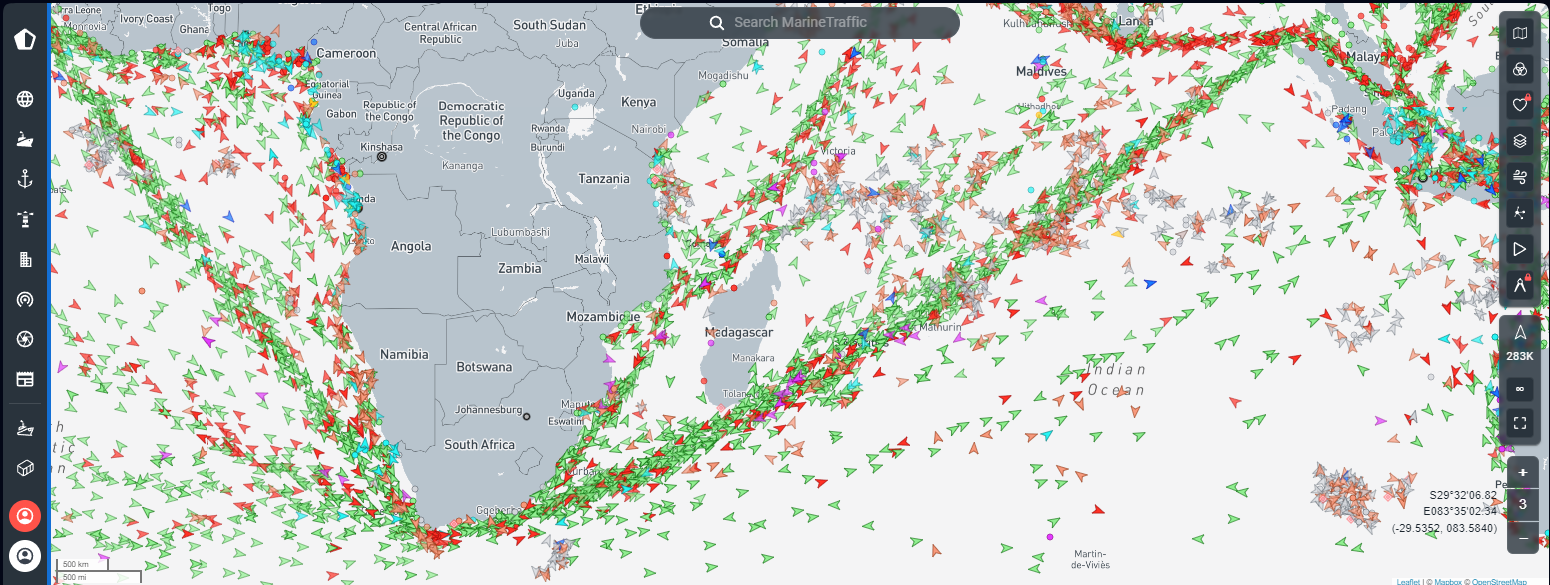 map shows massive vessel traffic crossing the Cape of Good Hope