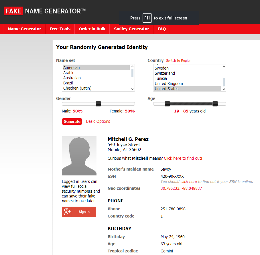 Screencapture of Fake Name Generator