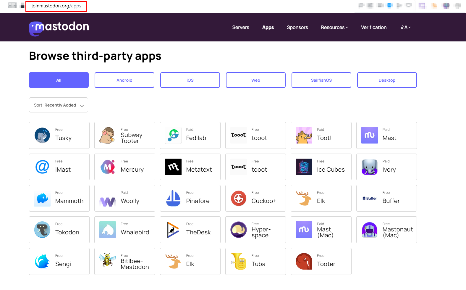 Image showing the Mastodon third-party integration page with apps like Tusky, Ivory, Mercury, et. al., as options to integrate.