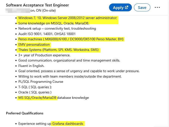 Figure 1 - A LinkedIn job post can reveal important information about IT systems used in the target company