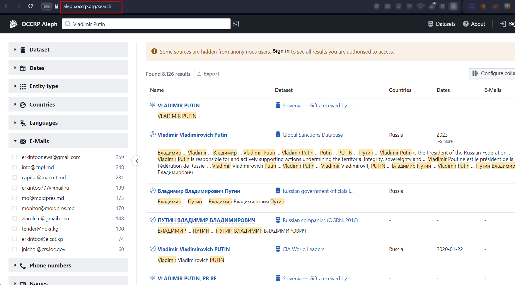 screenshot from OCCRP Aleph with details on leaked information