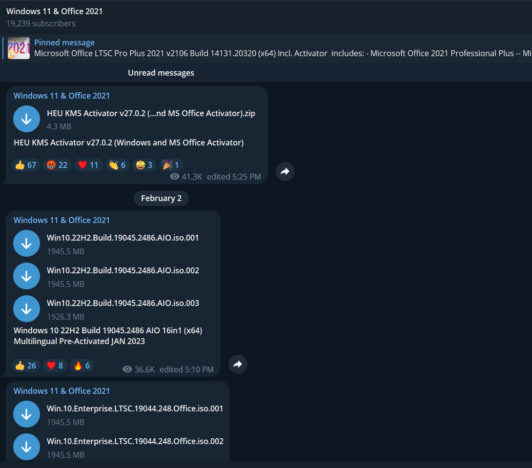 Figure 2 - A Telegram channel used for hosting and distributing cracked software programs