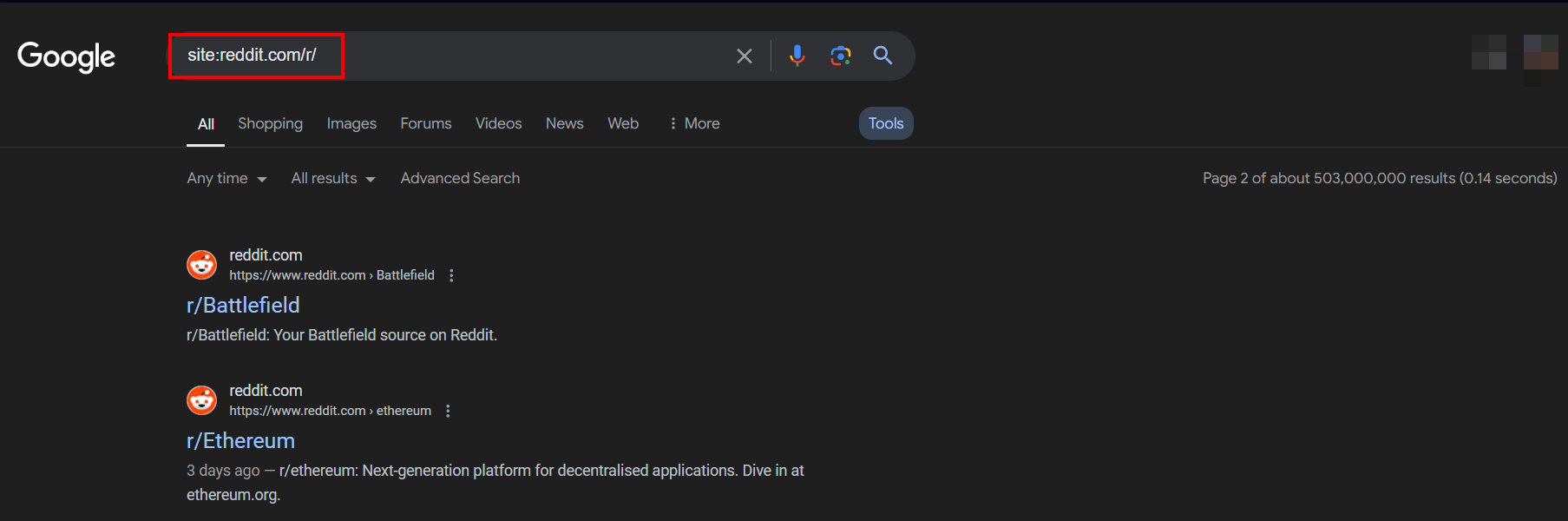 Google search results for a site search operator for Reddit