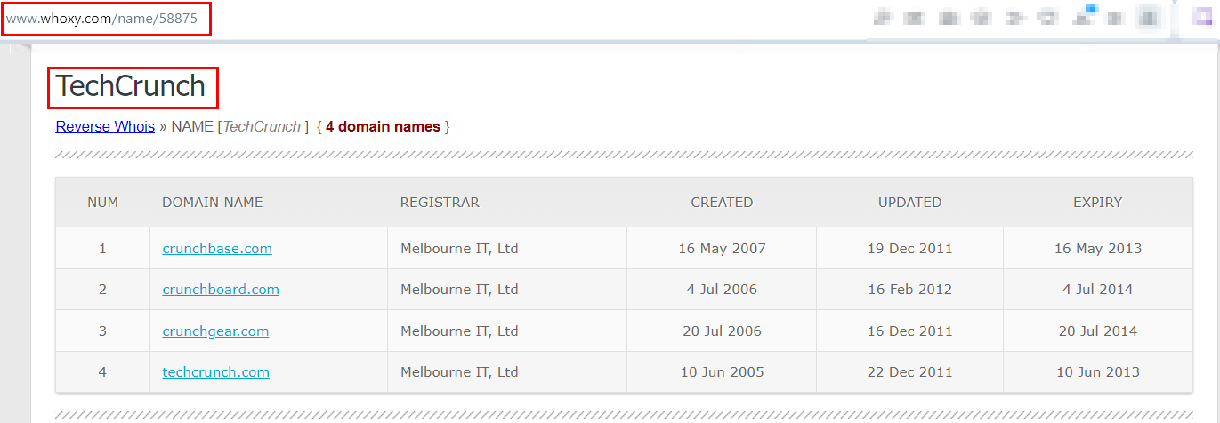 Figure 5 - Finding linked domain names to a particular domain name using whoxy.com