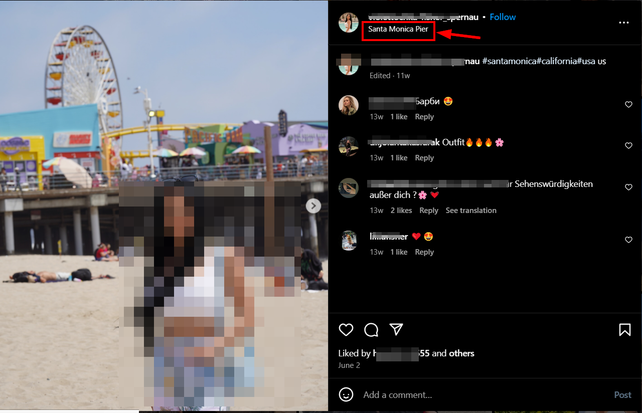 The location information appears at the top of the post right below the Instagram username