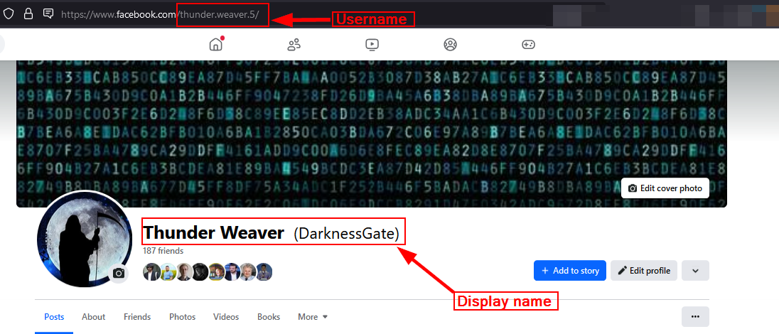 Facebook profile username and display name