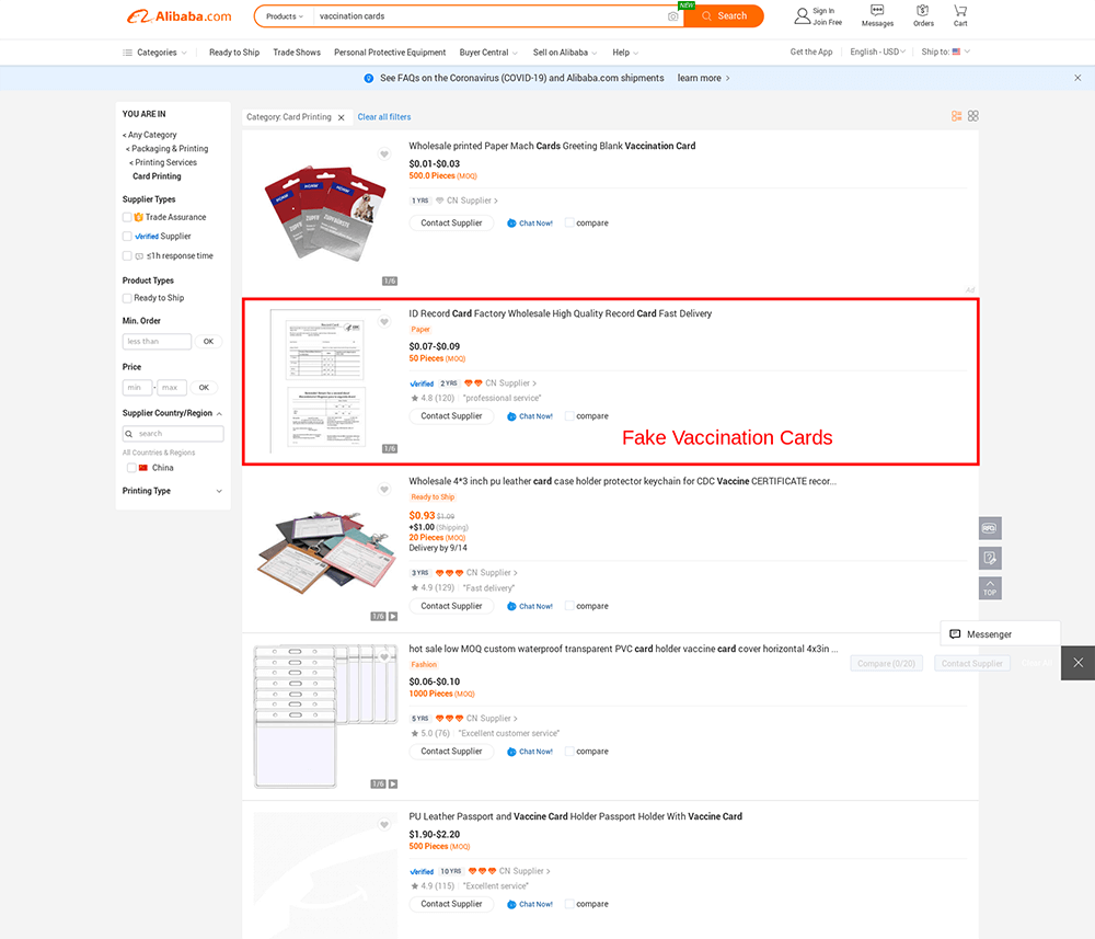 Fake vaccination cards for sale on Alibaba