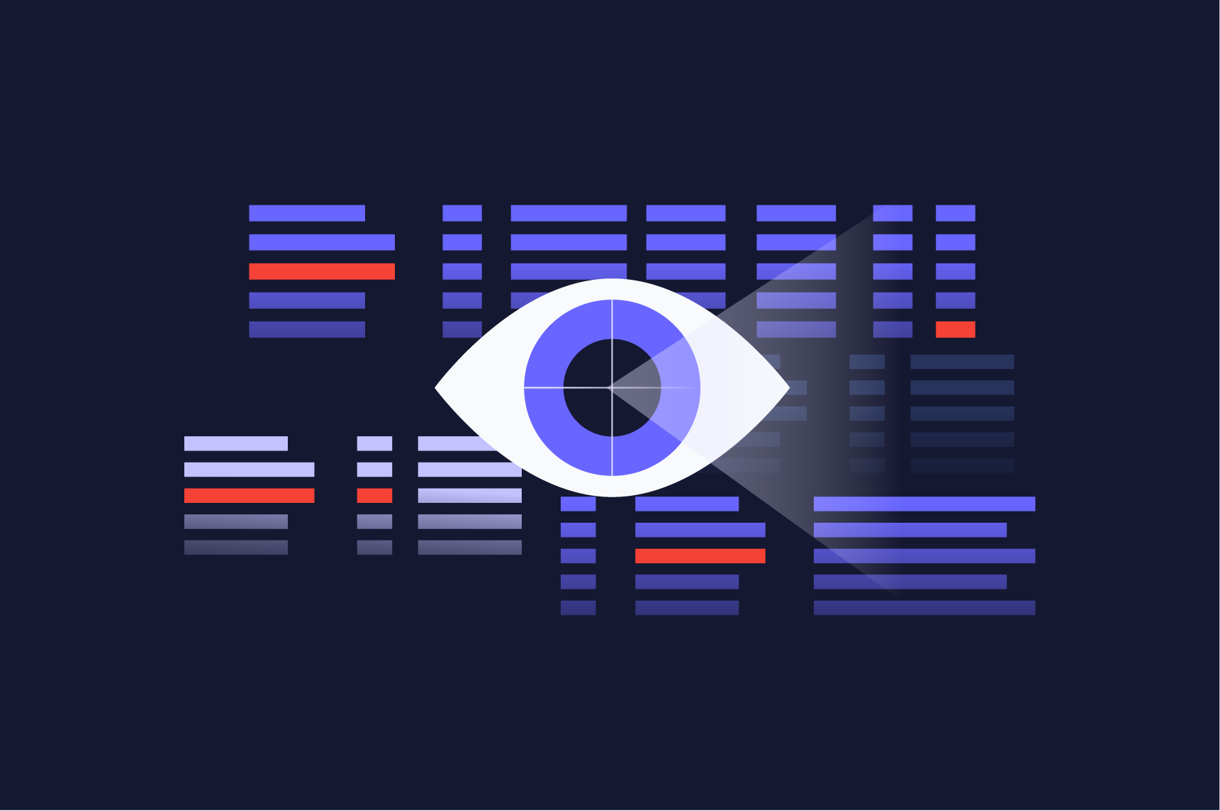 Graphic illustration featuring a stylized eye icon centered among abstract digital data blocks, representing concepts like surveillance or data privacy.