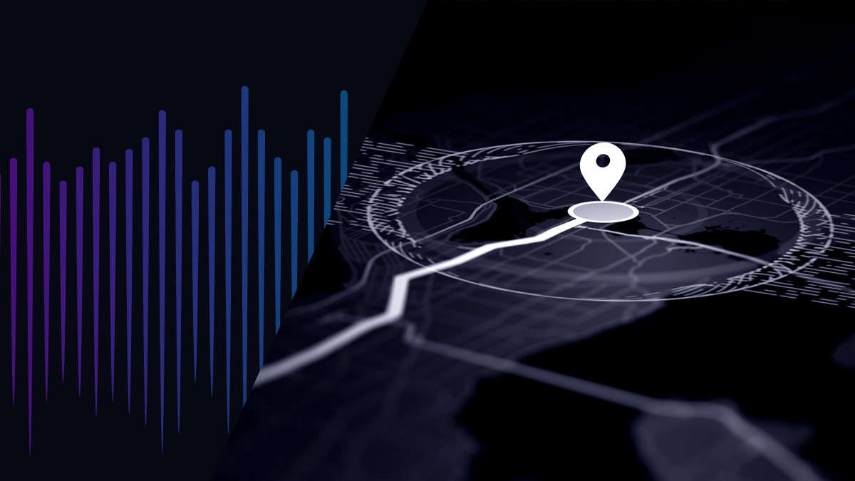 Image: A pinpoint on a geolocation map next to the NeedleStack wavelength logo