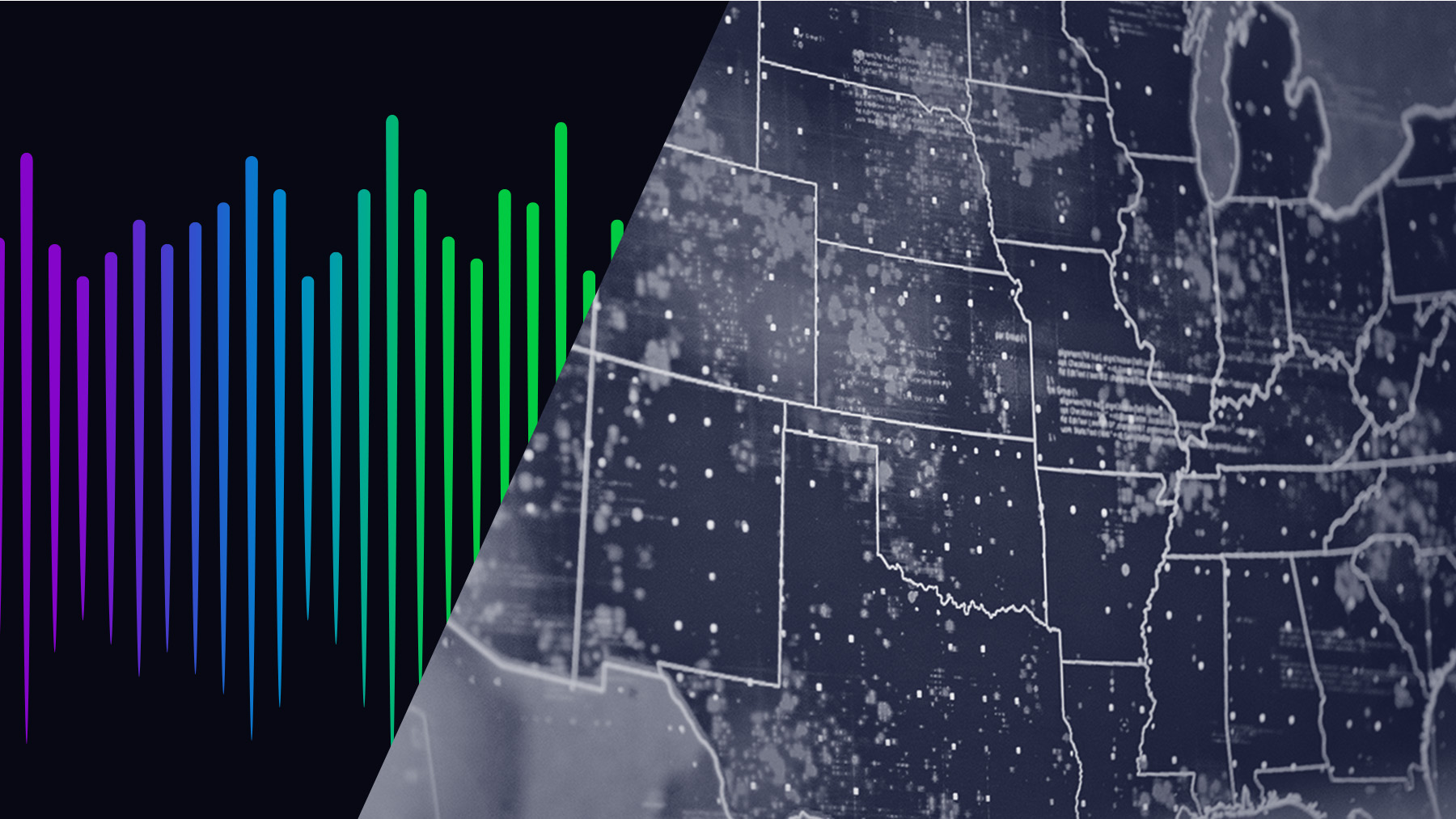 Graphic showing a split image with colorful audio waveforms on the left and a map of the United States highlighting state borders and city lights on the right.