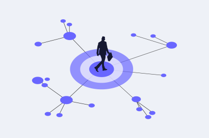 Graphic of a silhouette in a centralized position with connections radiating out to various nodes, symbolizing a network or system, set against a plain background.